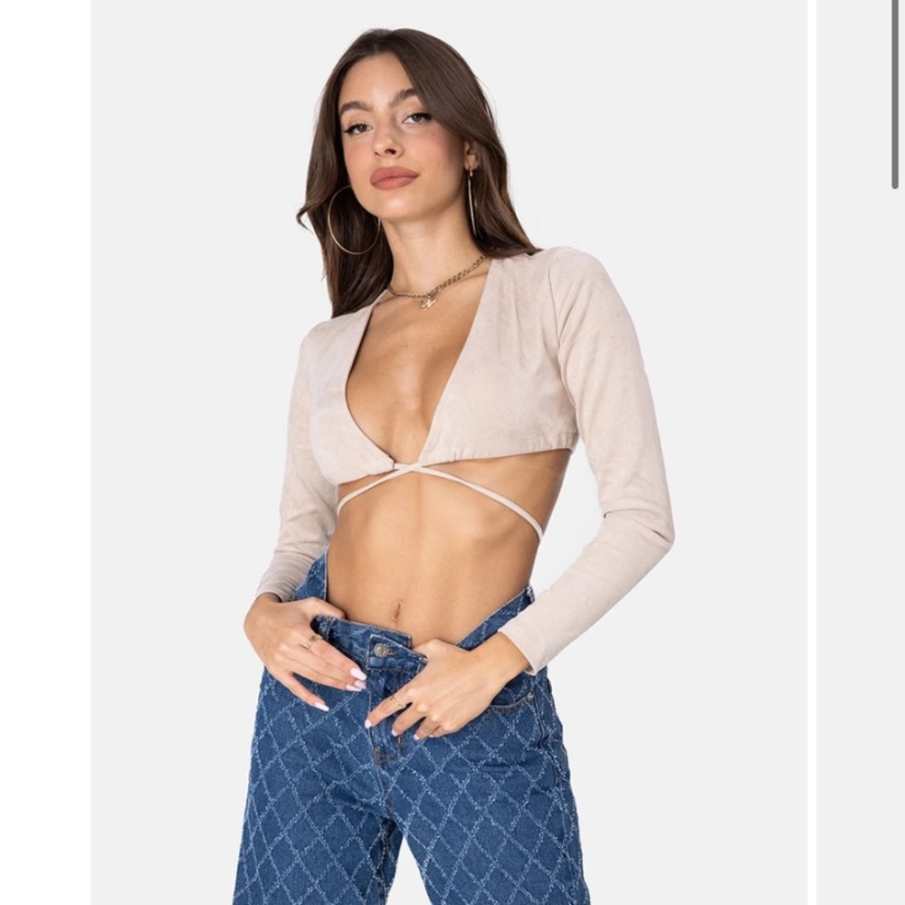 ADIKA Long sleeve wrap crop top front tie tan